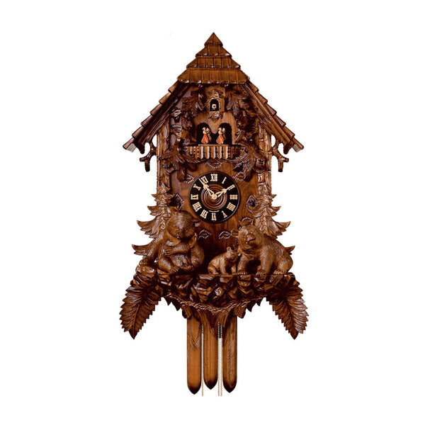 Carved 8-day musical cuckoo clock with chalet roof and carved facade,  family of bears, fir trees, and dancers 92cm by Hönes