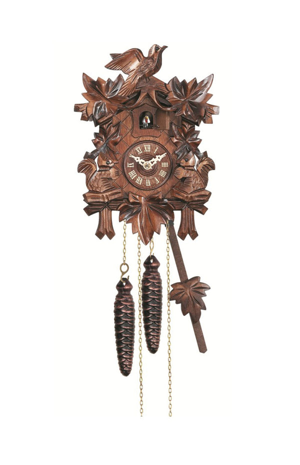 Carved battery-powered cuckoo clock with cuckoo bird, two squirrels, f ...