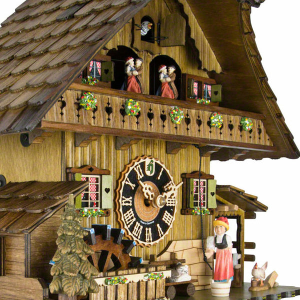 Chalet 8-day musical cuckoo clock with moving Black Forest woman, moving  mill-wheel, belfry bell-tower, chicken, cat, and dancers 42cm by Hönes